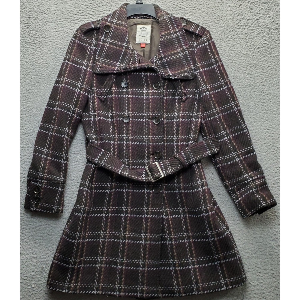 Esprit Trench Coat Womens Medium Multi Plaid Wool Blend Double Breasted Belted